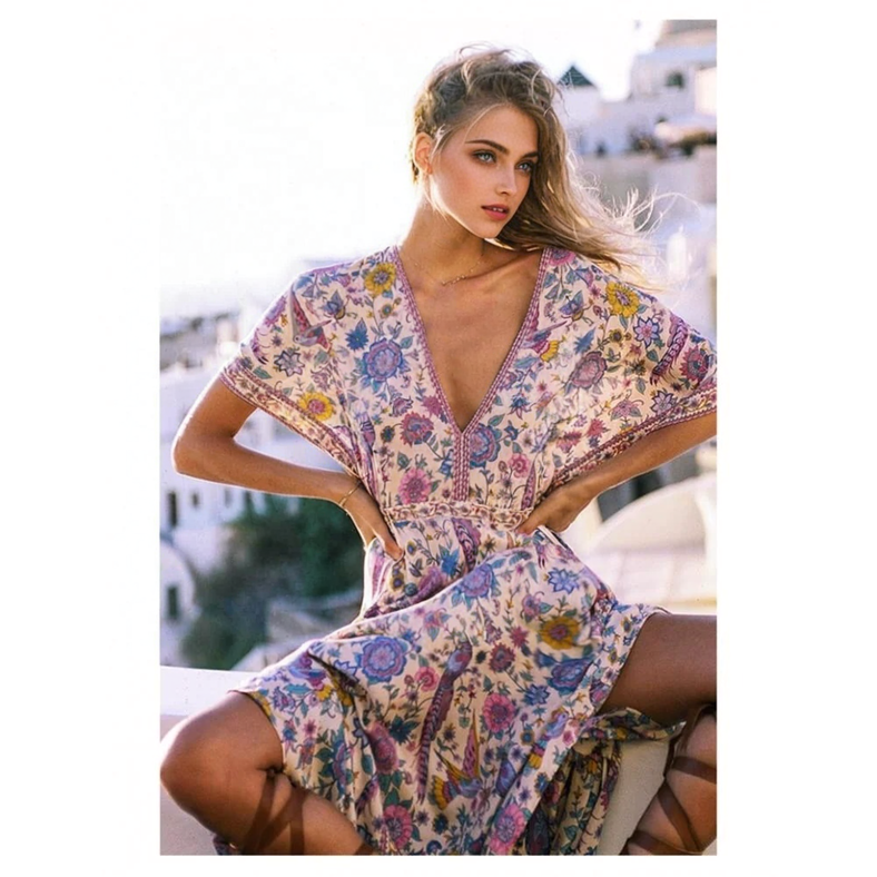 JuliaFashion - Wild Peacock & Flowers V-Neck Maxi Dress