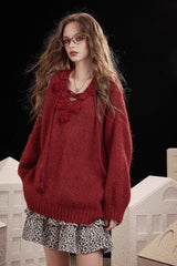 Embroidered Rose V Neck Knit Sweater