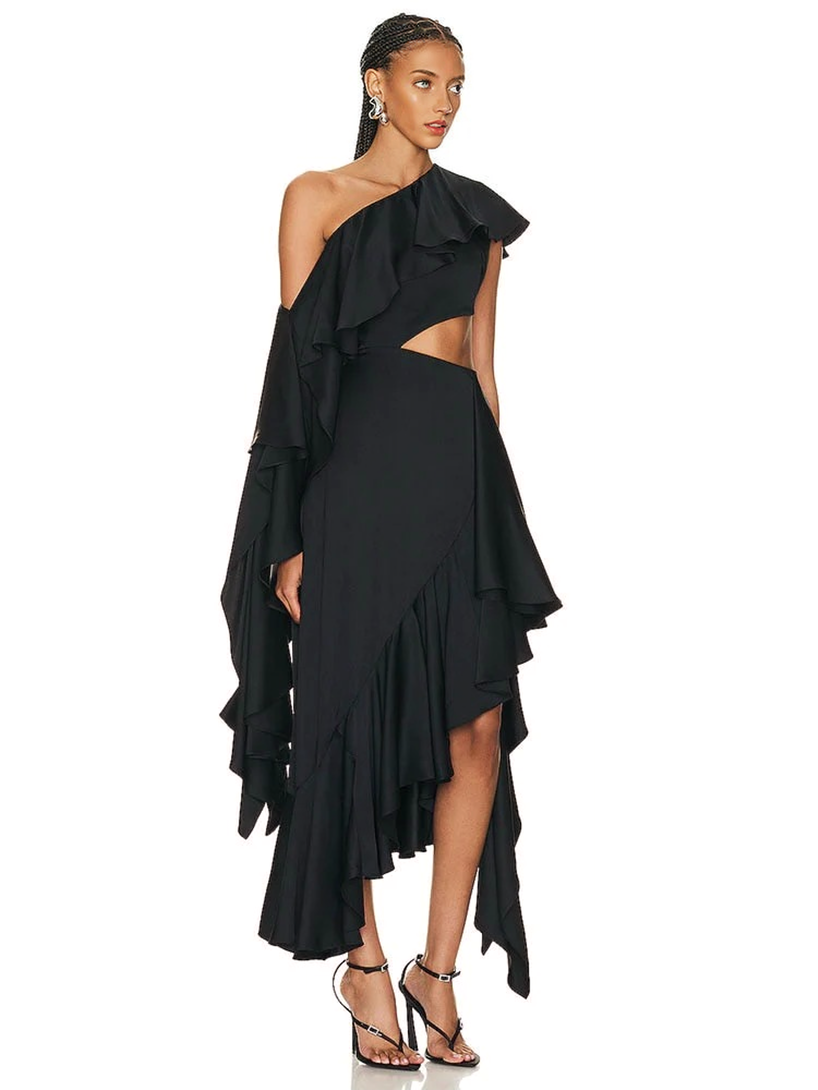 JuliaFashion - Sexy Black Slanted Shoulder Midi Cutout Dress