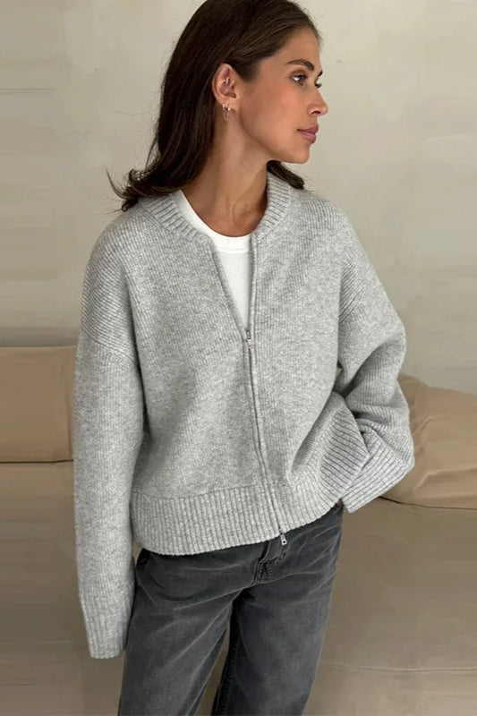 Pleated Knit O Neck Zipper Cardigan