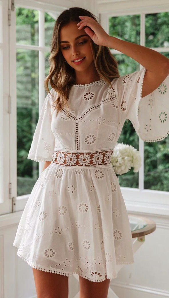 JuliaFashion - White Lace Floral Embroidery Short Sleeve Mini Dress