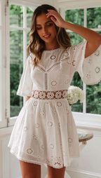 JuliaFashion - White Lace Floral Embroidery Short Sleeve Mini Dress