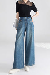 High Waist Wide Leg Cotton Jeans Blue / S