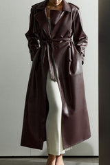 Belted Faux Leather Waist Fit Overcoat