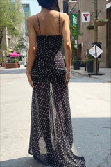 Polka Dot Ruched Lace Mesh Cami Maxi Dress