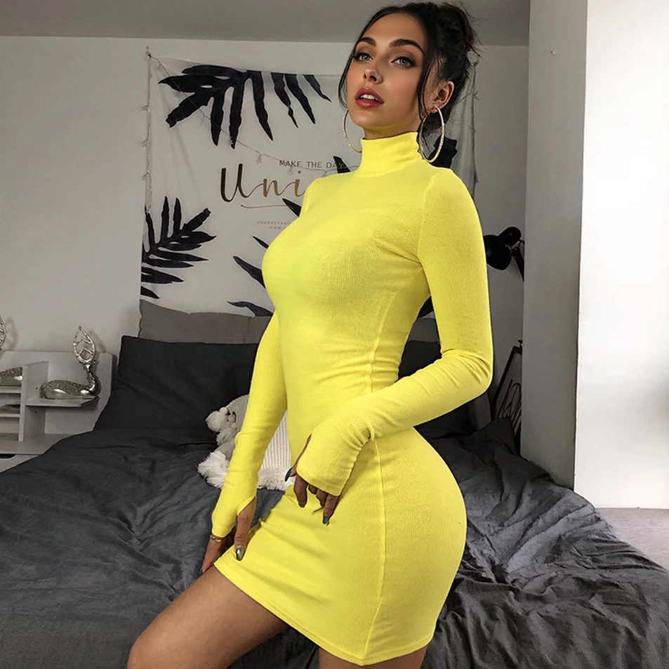 Julia Fashion - Turtleneck Long Sleeve Skinny Mini Dress