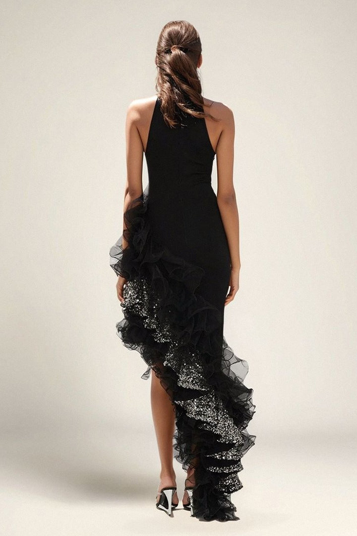 Black Ruffled Mesh Asymmetrical Party Dress