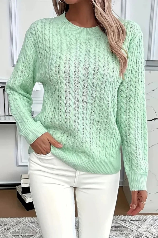 Casual Round Neck Knit Sweater Green / S