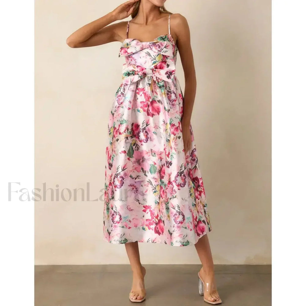 3D Bow Spaghetti Strap Midi Dress