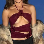 3D Floral Cut Out Crop Top Claret / S