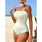 3D Floral Halter Solid One Piece WHITE / S