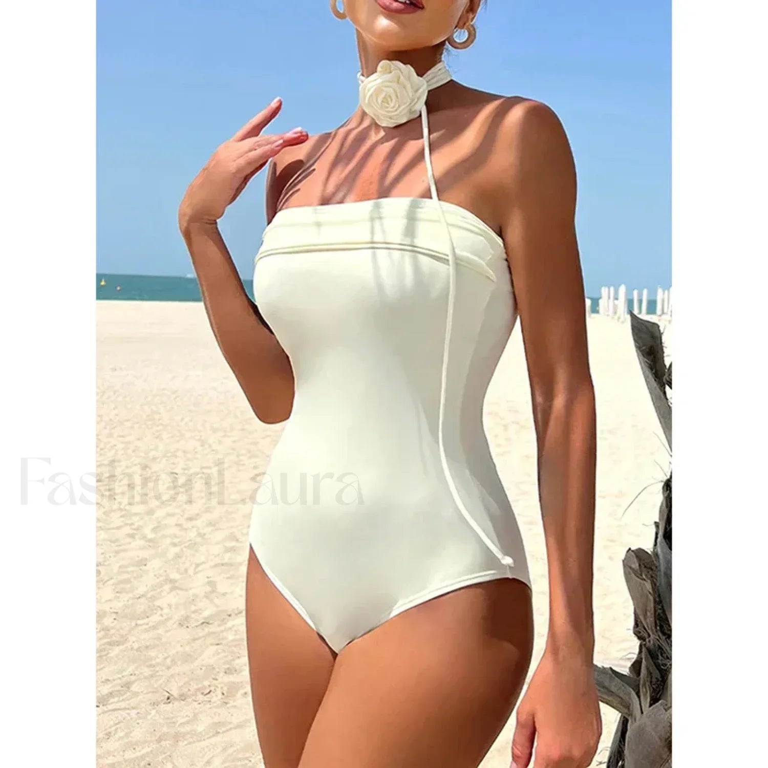 3D Floral Halter Solid One Piece WHITE / S