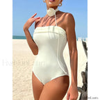 3D Floral Halter Solid One Piece WHITE / S