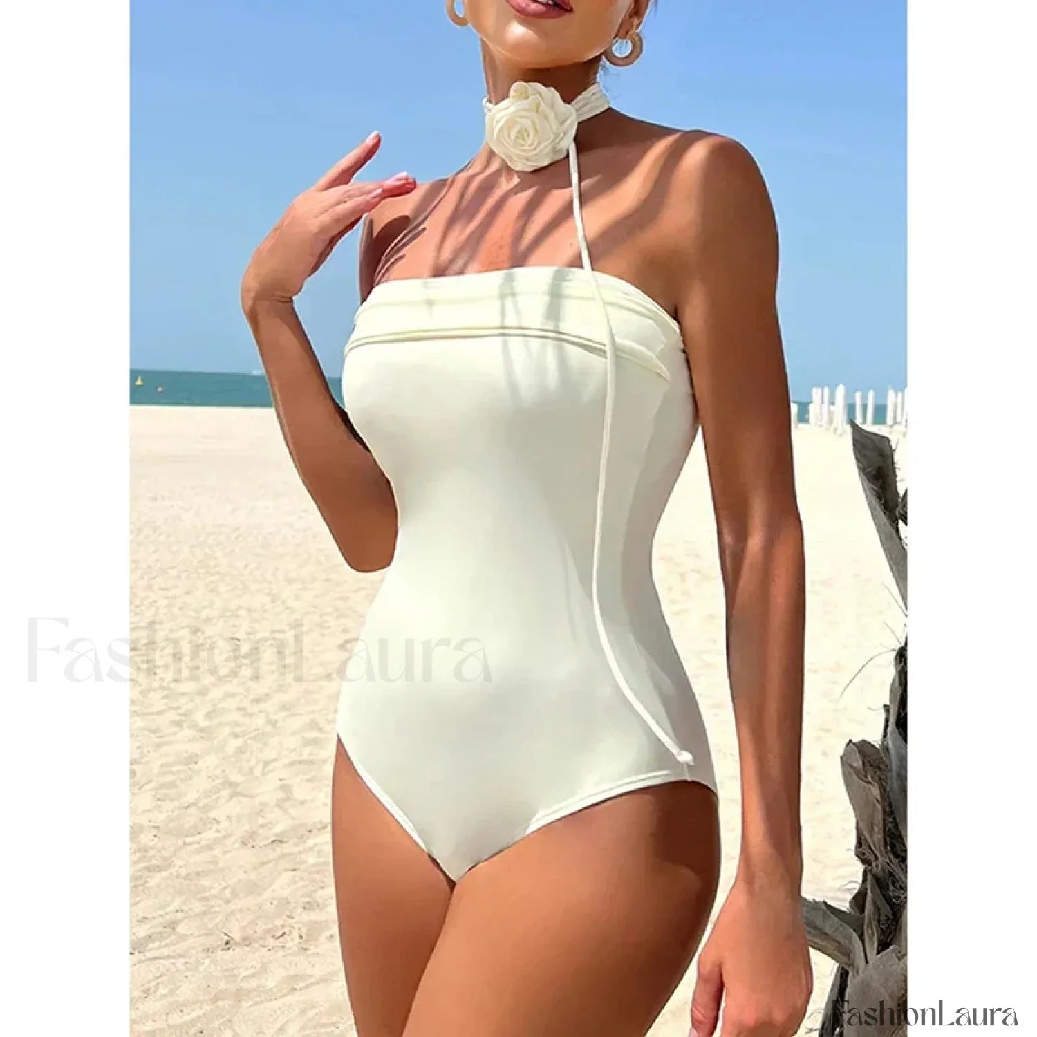 3D Floral Halter Solid One Piece WHITE / S
