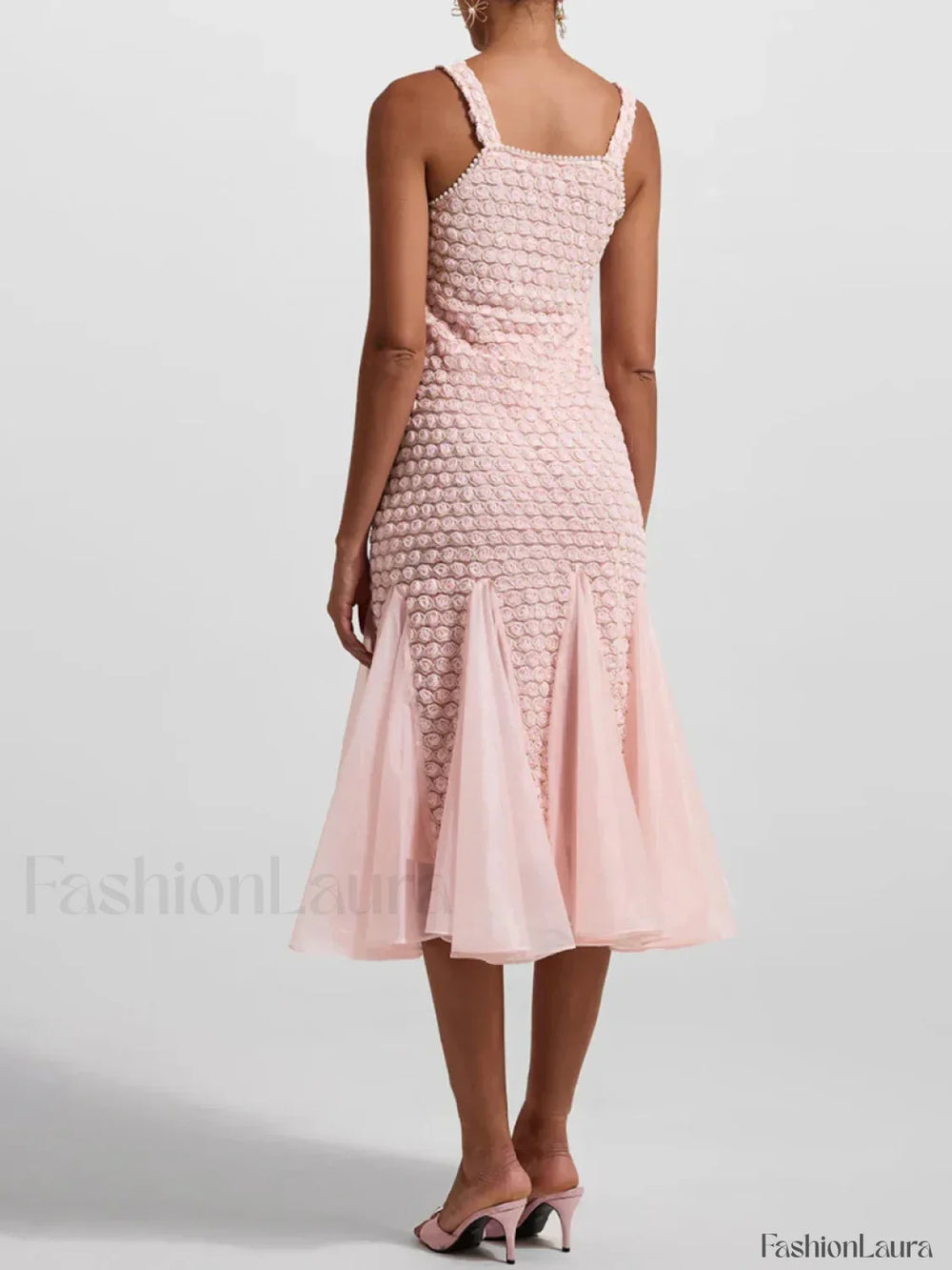 3D Floral Mesh Midi Dress