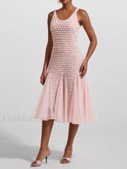 3D Floral Mesh Midi Dress PINK / S