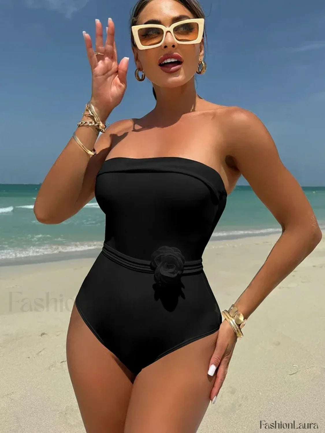 3D Floral Strapless White One Piece