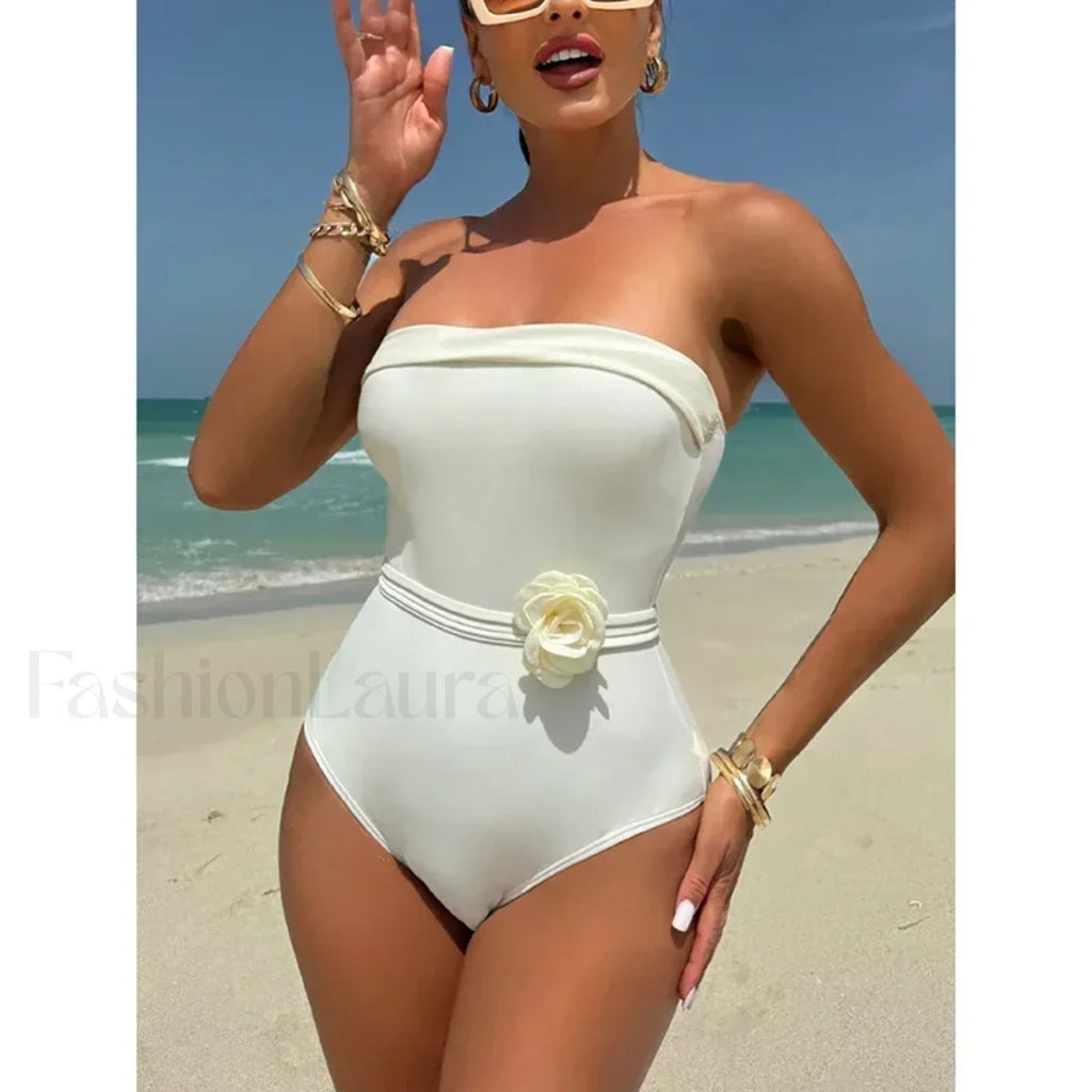 3D Floral Strapless White One Piece Beige / S