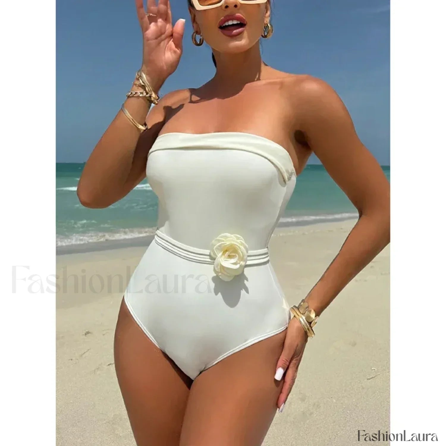 3D Floral Strapless White One Piece Beige / S