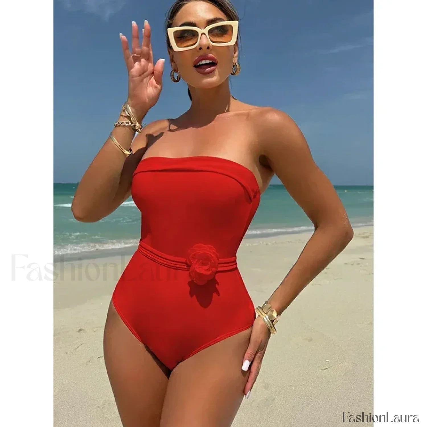 3D Floral Strapless White One Piece Red / S