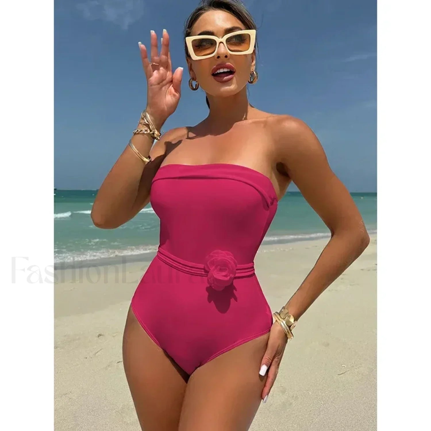 3D Floral Strapless White One Piece Rose red / S