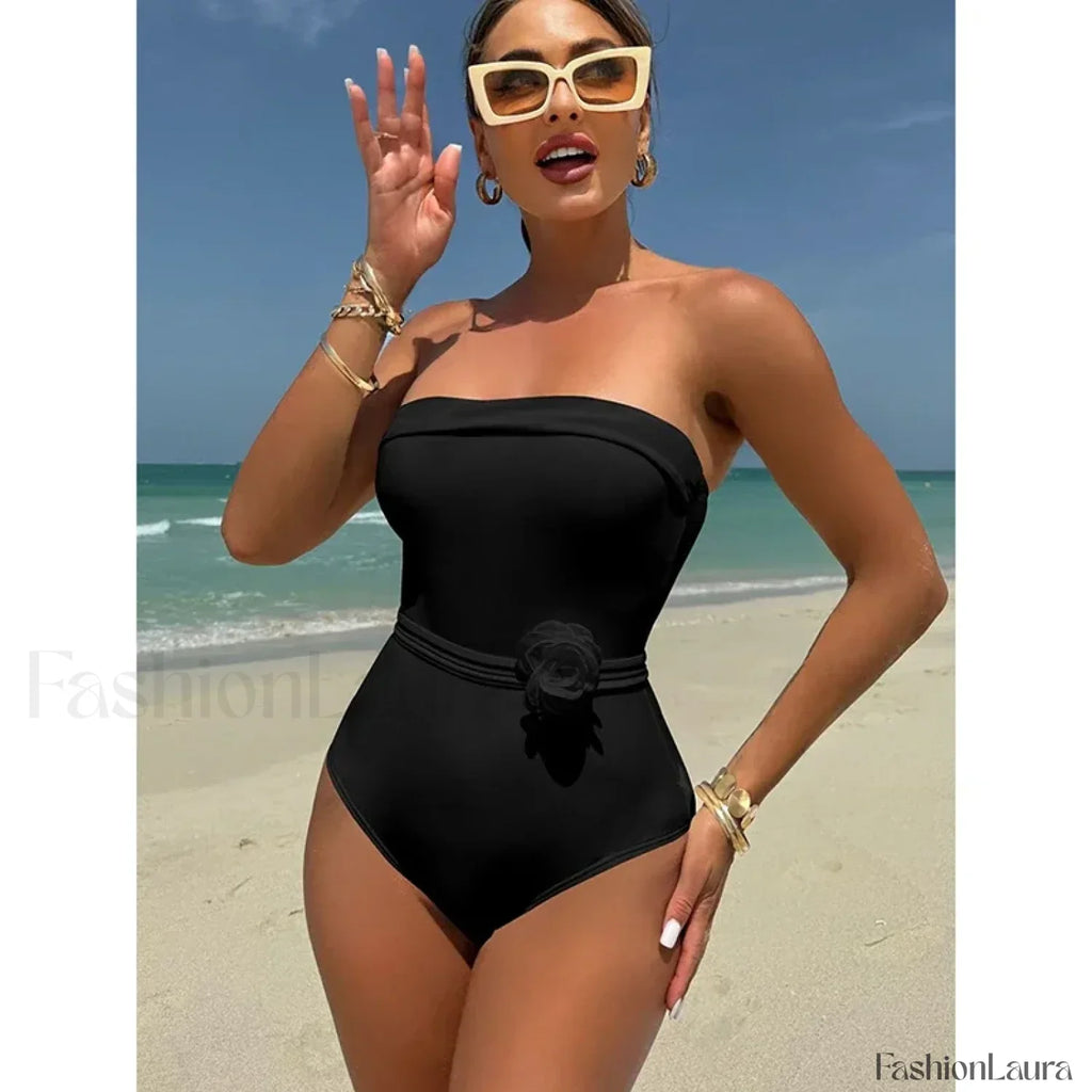 3D Floral White Strapless One Piece Black / S