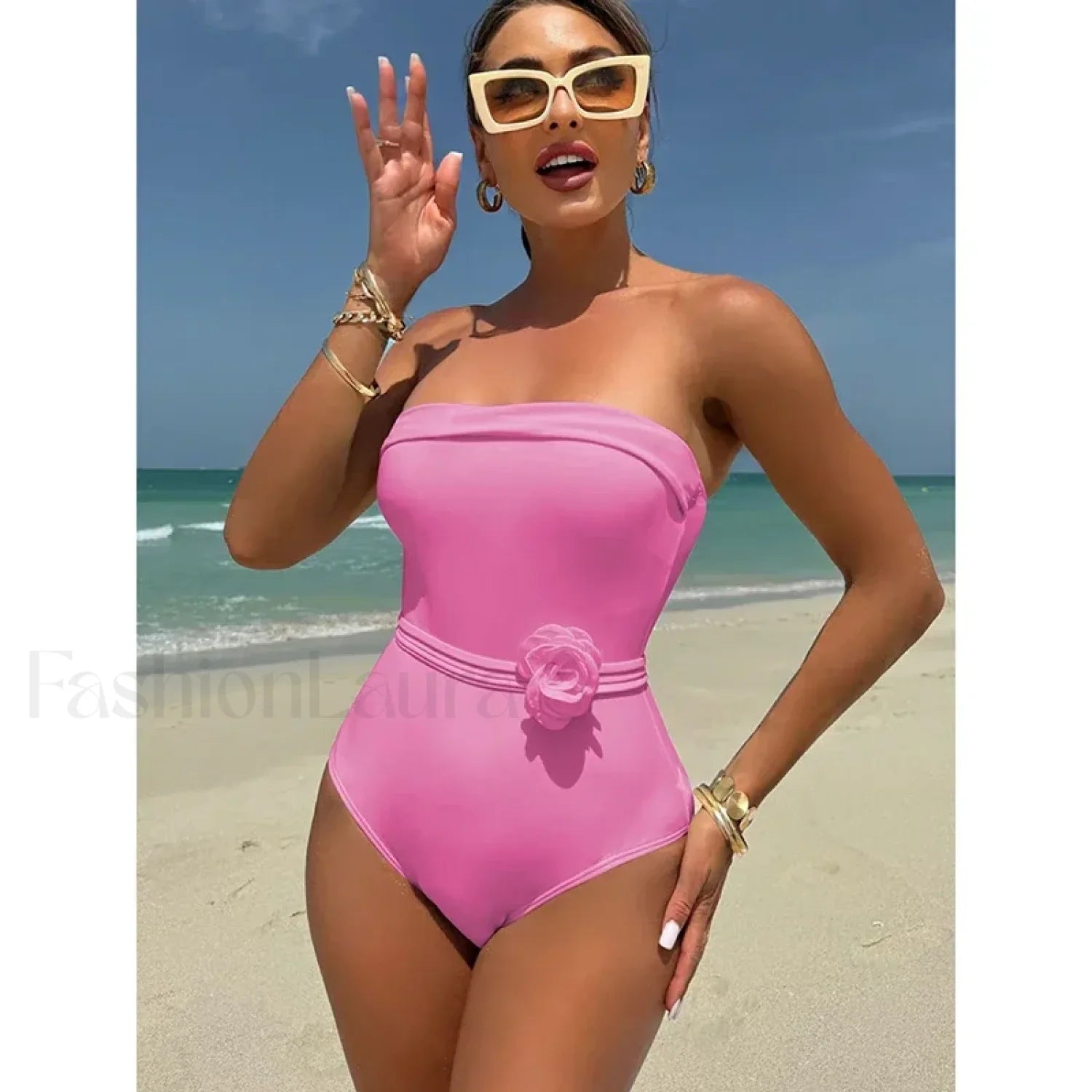 3D Floral White Strapless One Piece Pink / S