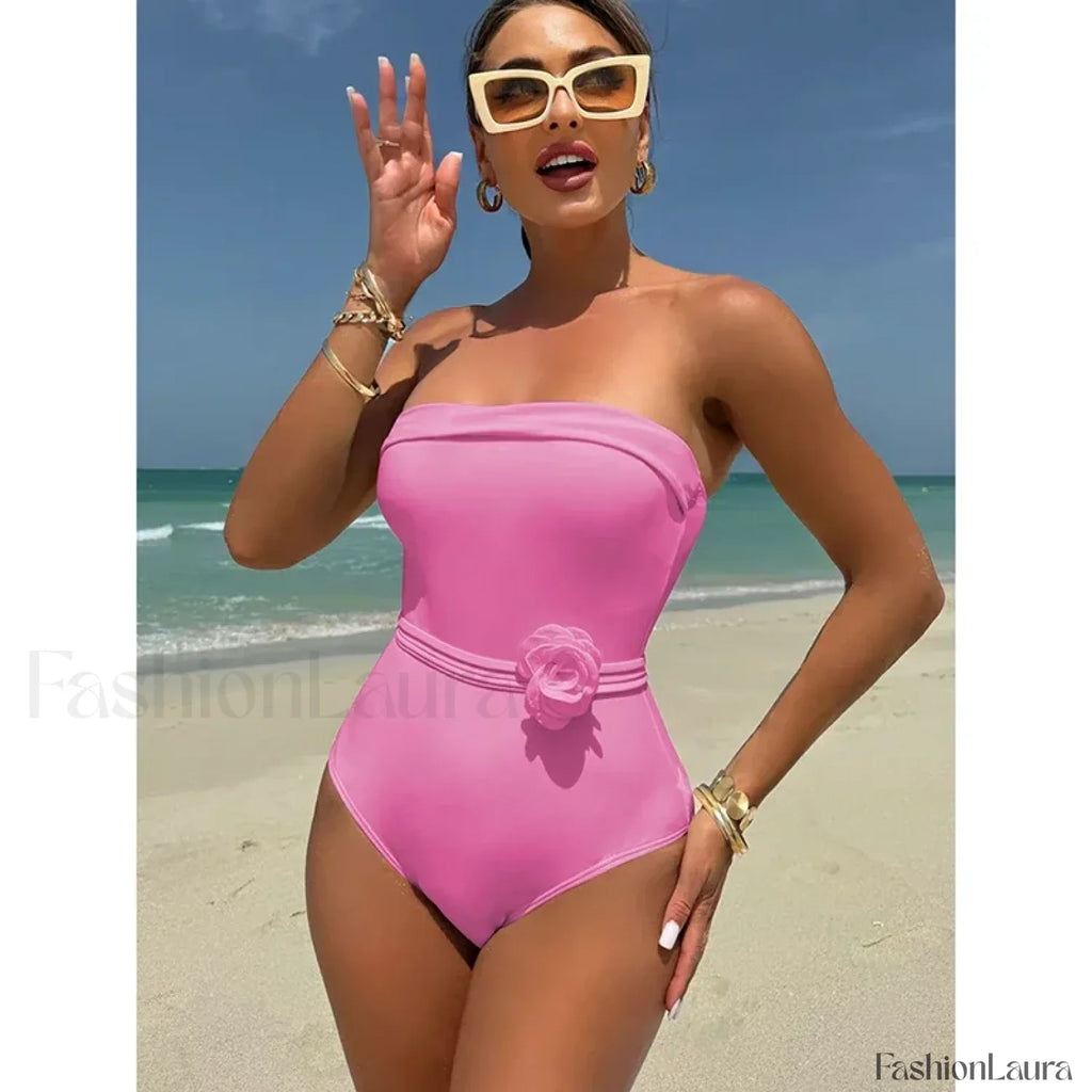 3D Floral White Strapless One Piece Pink / S