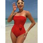 3D Floral White Strapless One Piece Red / S