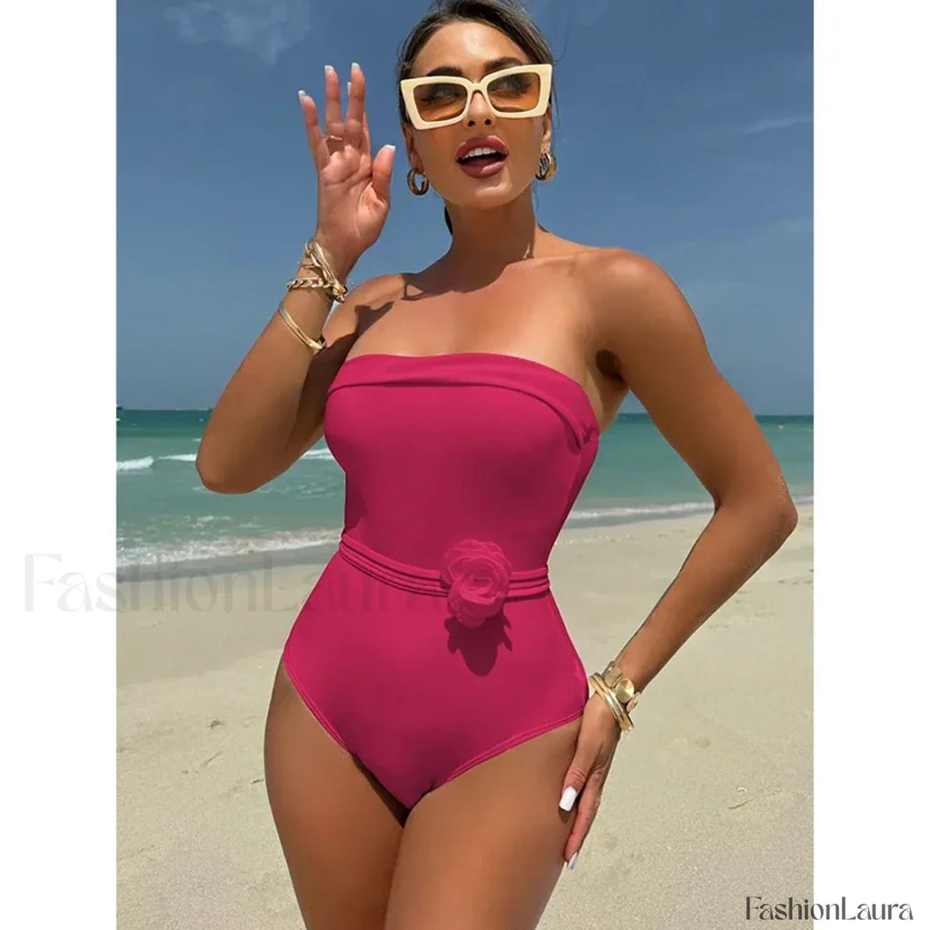 3D Floral White Strapless One Piece Rose red / S