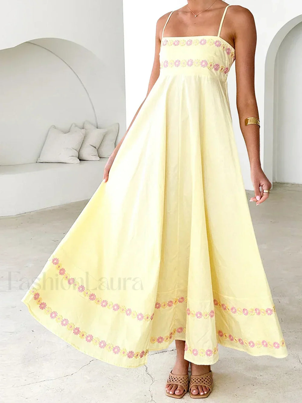 3D Flower Loose A Line Maxi Dress Yellow / S