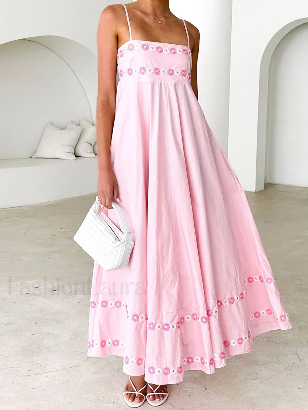 3D Flower Loose A Line Maxi Dress Pink / S