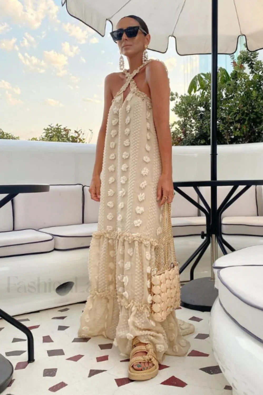 3D Flower Patchwork Charming Halter Maxi Dress S / Beige