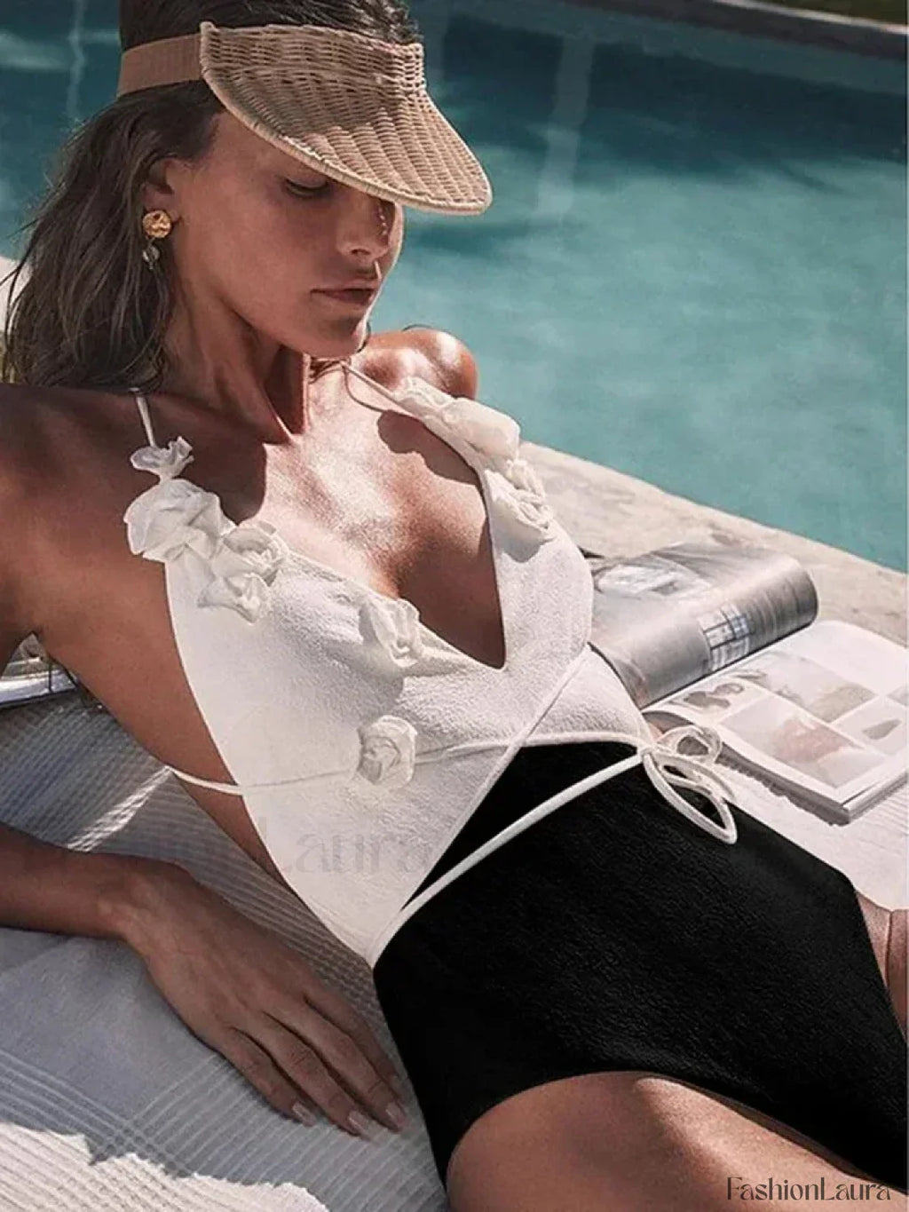 3D Flower V Neck Split Soild One Piece Black / S