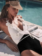 3D Flower V Neck Split Soild One Piece Black / S