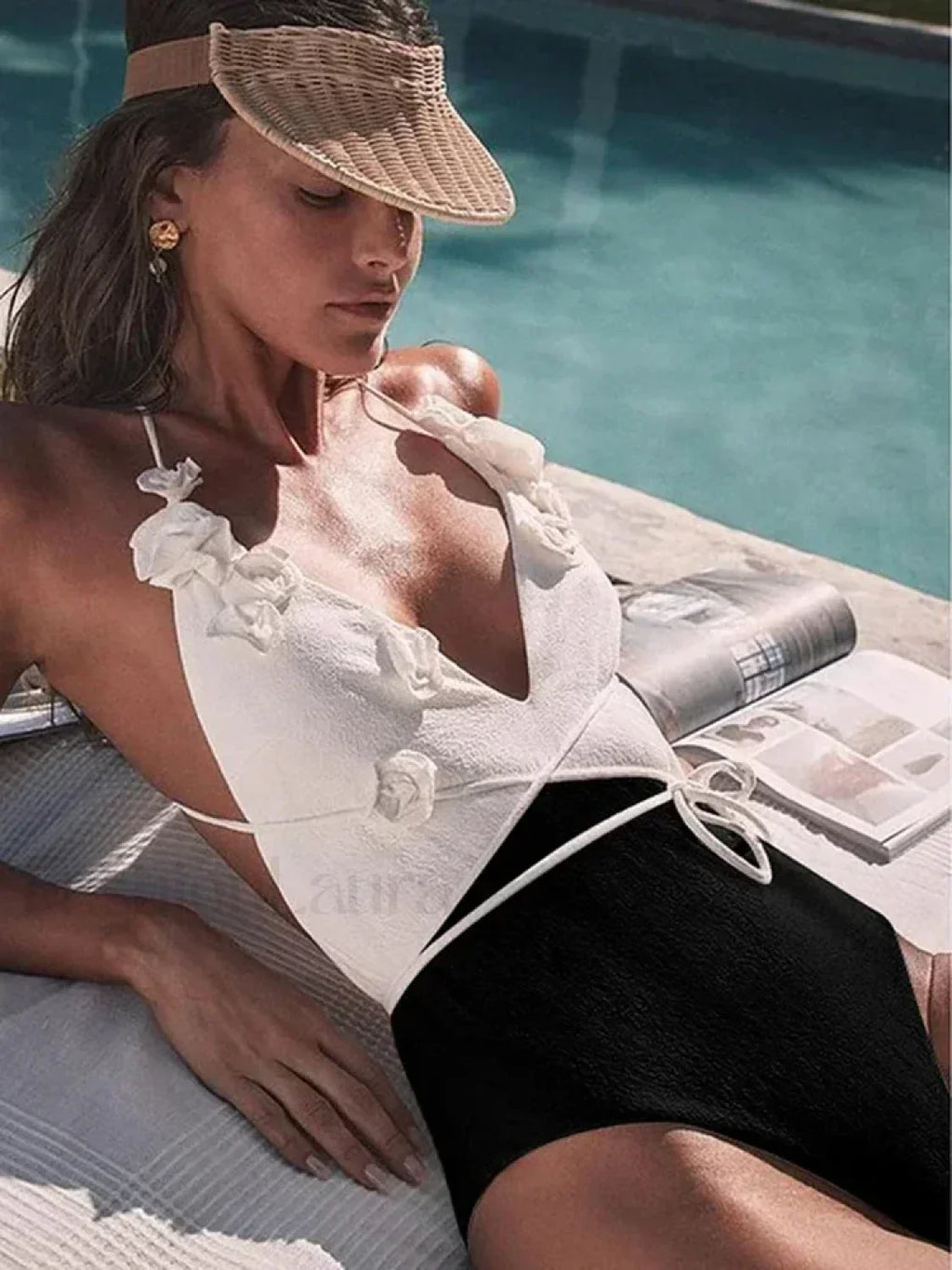 3D Flower V Neck Split Soild One Piece Black / S