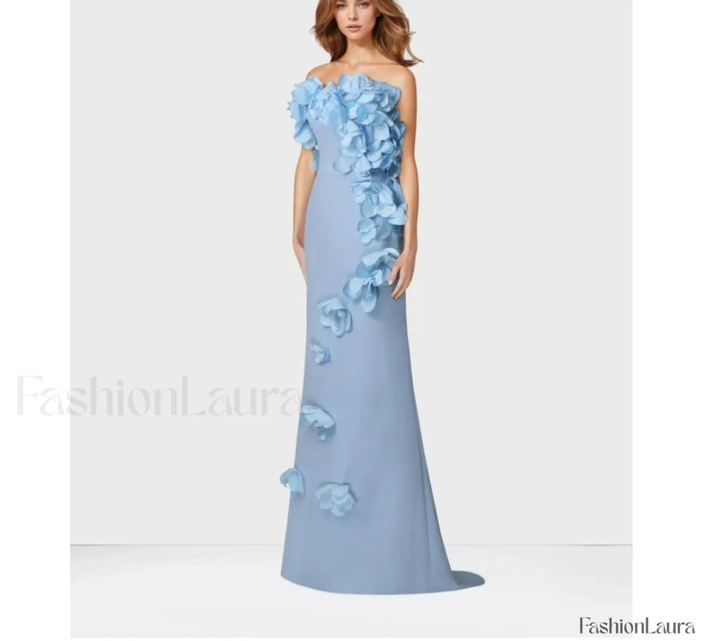 3D Flowers Blue Mermaid Maxi Dress blue / 2