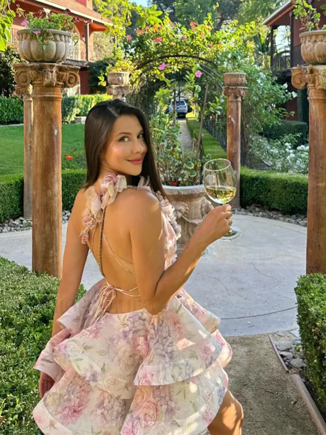 3D Flowers Lace Up Halter Backless Pleated Floral Dress Summer Beach Floral Dress Pink / S