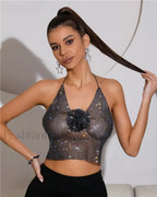 3D Halter Glisten V Party Flower Crystal See Neck Gothic Through Mesh Fishnet Crop Top Black / One Size