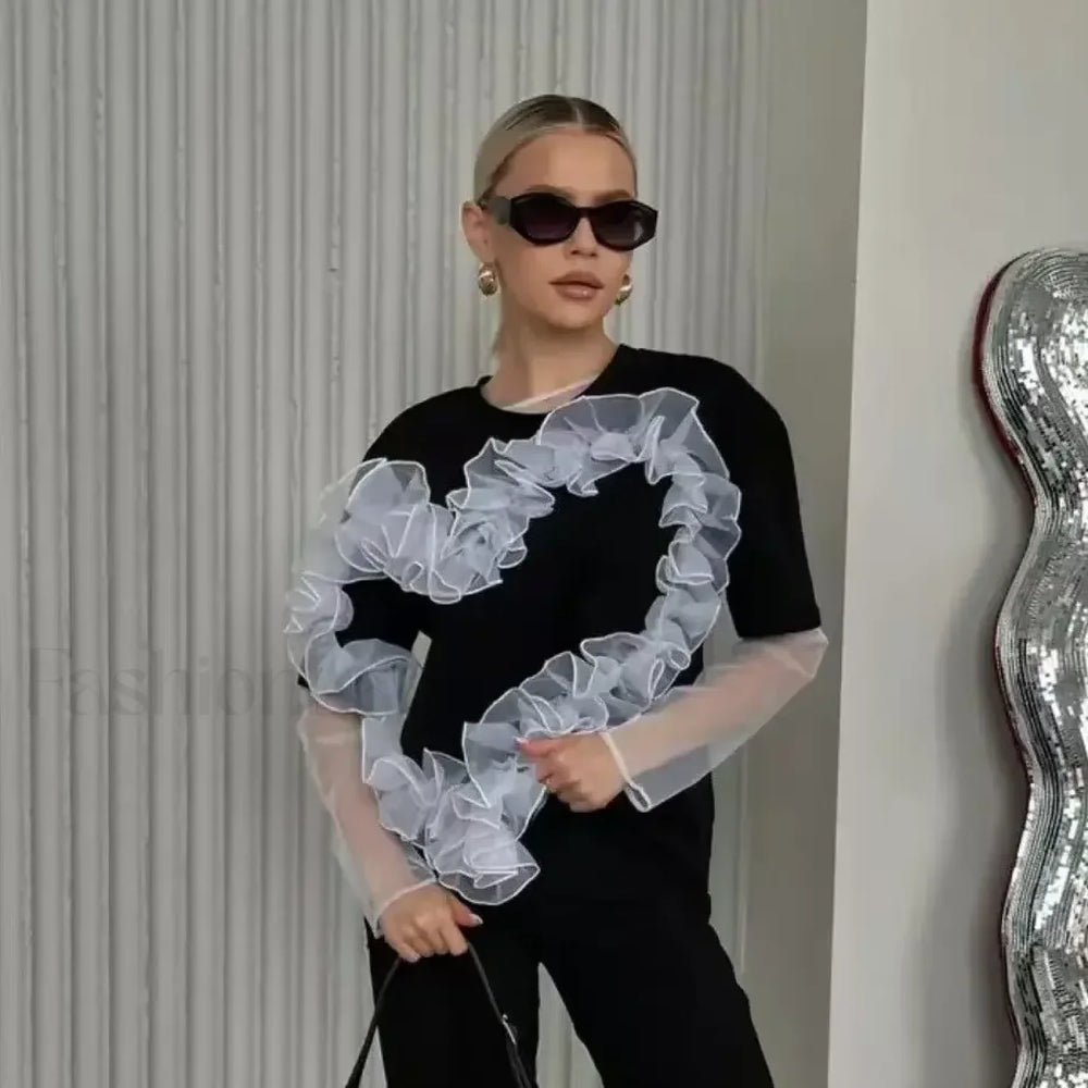 3D Love Flower Cotton T Shirt Black / S