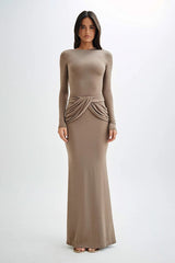 Long Sleeve Crew Neck Maxi Dress Khaki / S