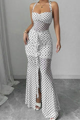 Polka Dot Backless Cami Mesh Maxi Dress