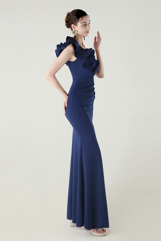 Ruffled Floral One Shoulder Satin Party Dress Navy blue / S