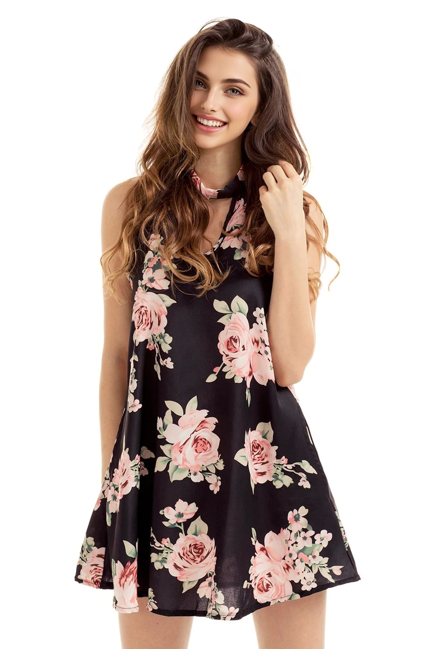JuliaFashion - V Cut out Blooming Floral Print Black Background Dress
