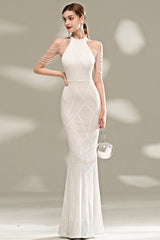 Elegant Slim Fit Long Gown Formal Dress S / White