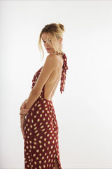 Polka Dot Print Halter Waist Tie Maxi Dress