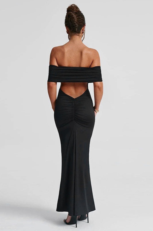 Solid Off Shoulder Ruched Formal Dress
