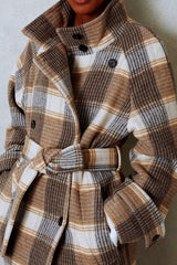 Color Block Check Tweed Belted Overcoat