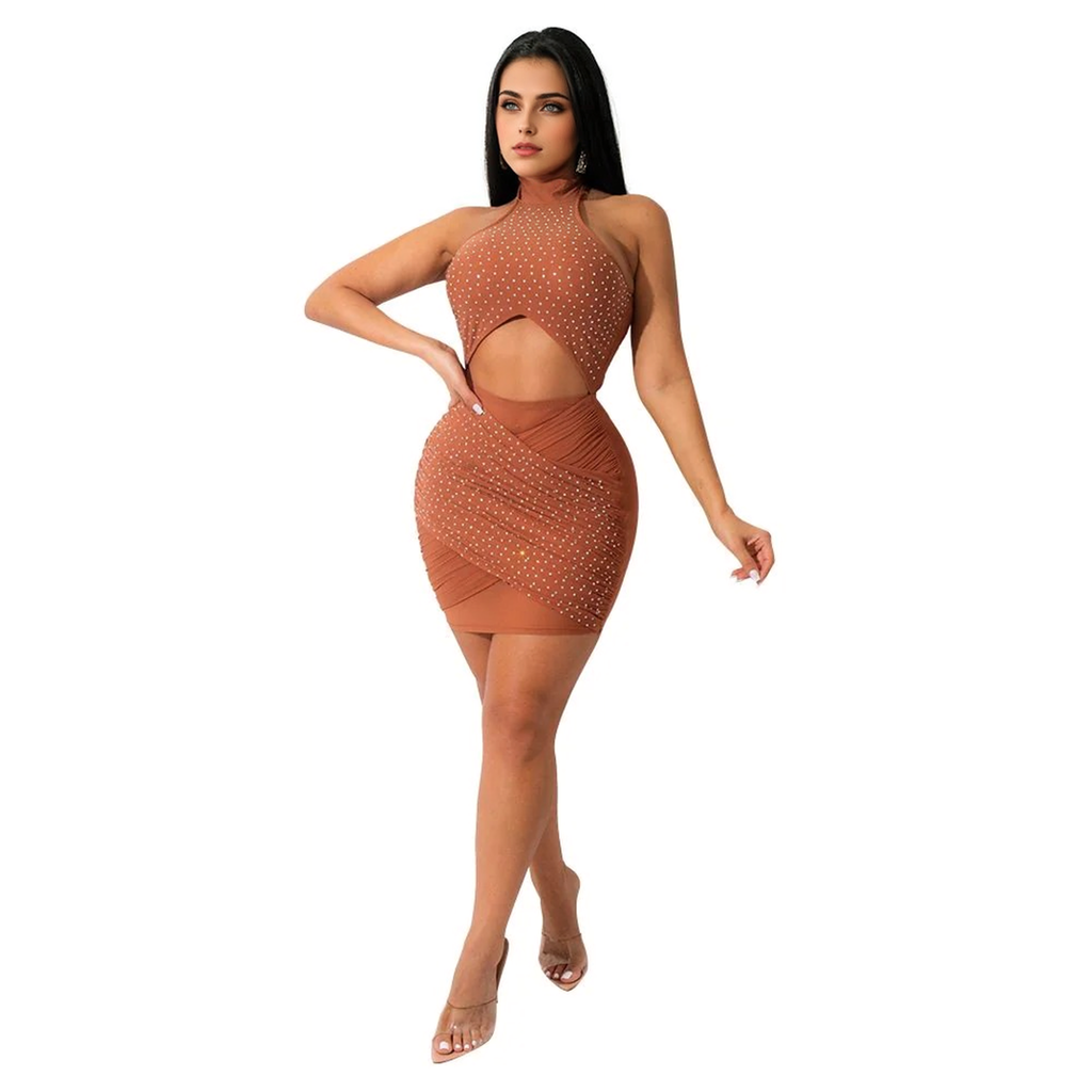 Julia Fashion - Women Halter Bandage Lace Up Glitter Mini Dress