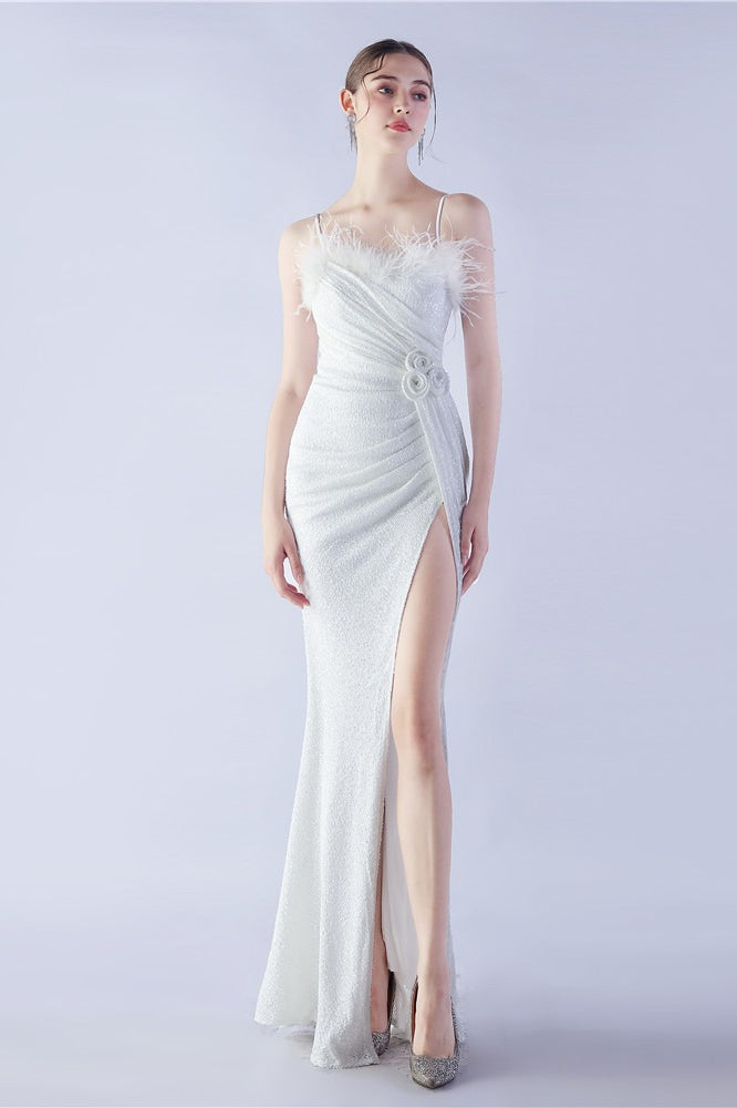 Ostrich Feather Embellished Maxi Dress White / S